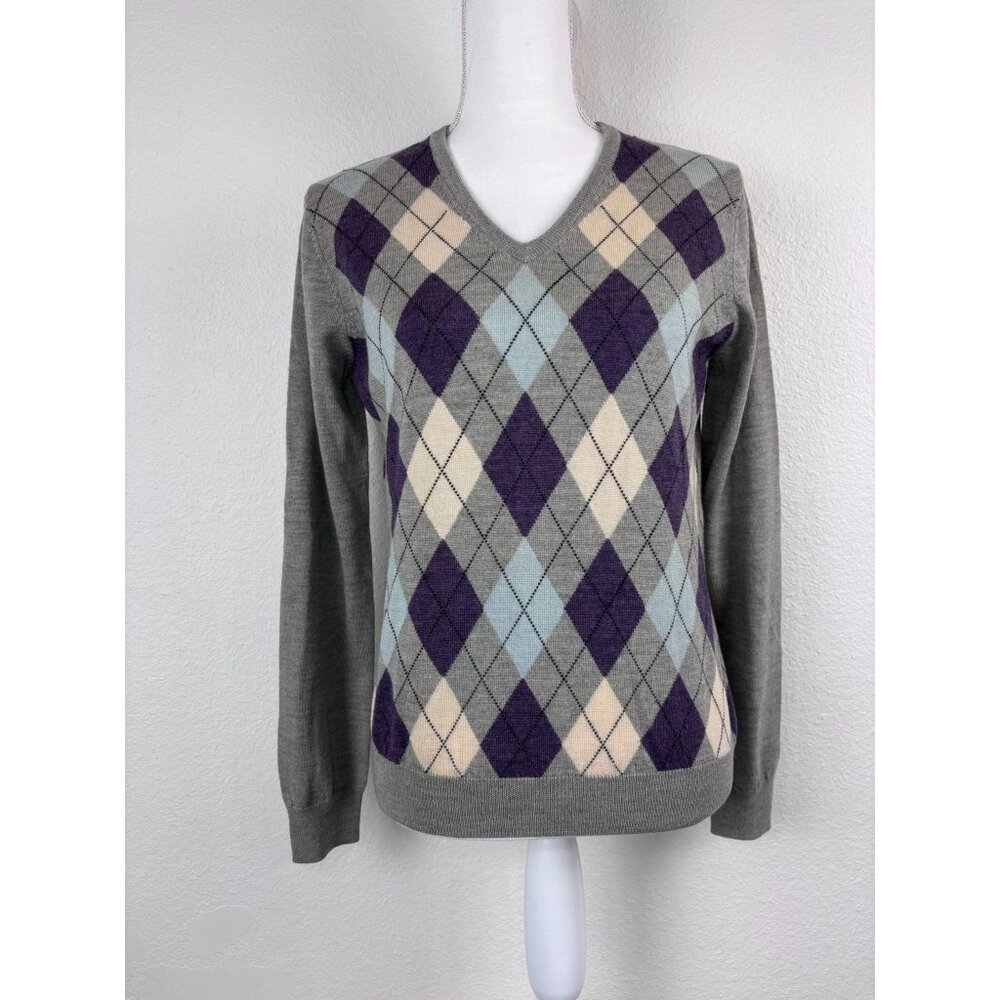 Brooks Brothers women's large grey purple argyle merino wool‎ v-neck sweater